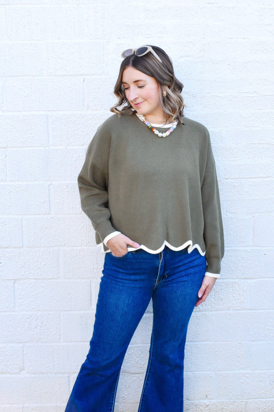 Olive Cream Scallop Sweater