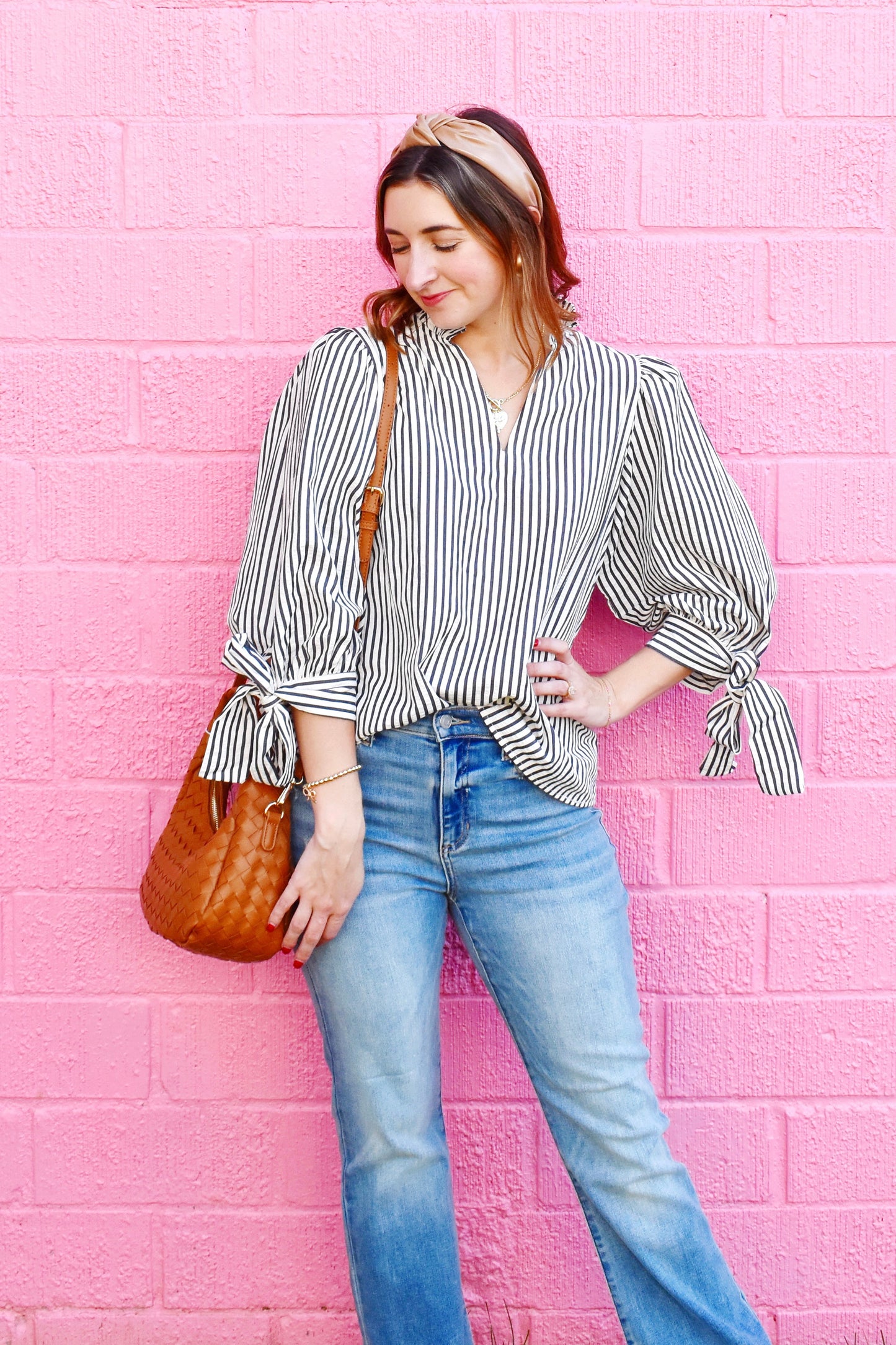 Dark Navy Striped Tie Sleeve Top