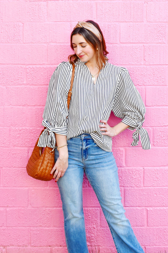 Dark Navy Striped Tie Sleeve Top