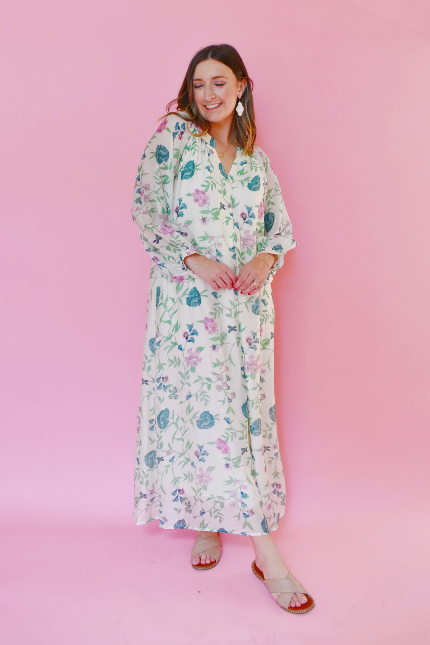 Flowy Ivory Floral Midi Dress