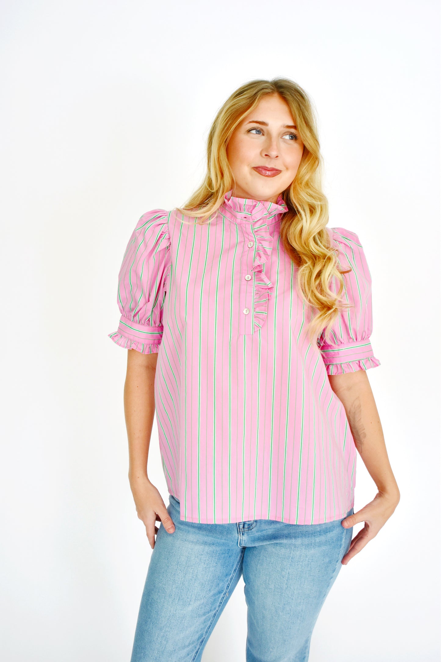 Pink & Green Preppy Stripe Ruffle Blouse