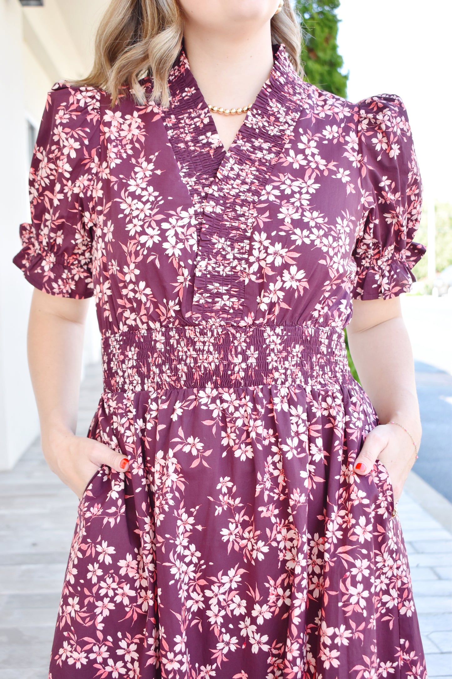 Wine Floral Ruffle Neck Smock Waist Midi Dress