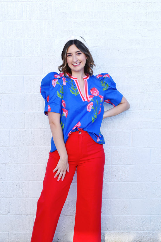 Blue & Pink Floral Color Block Trim Blouse