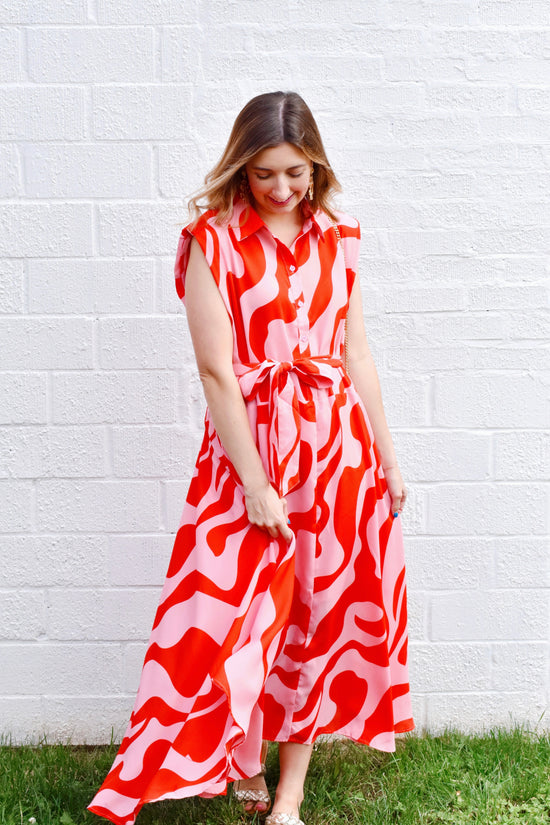 Pink & Red Abstract Midi Dress