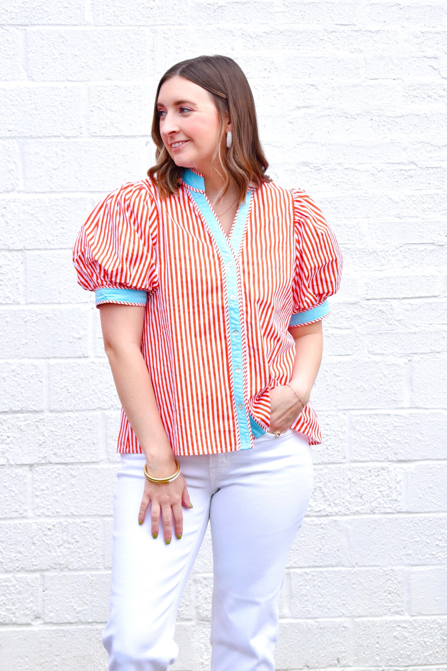 Orange Stripe & Blue Contrast Button Top