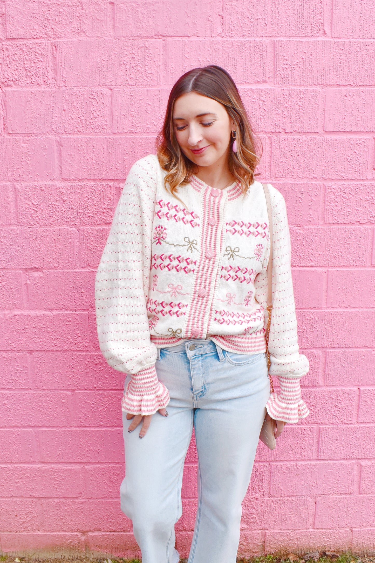 Pink Feminine Floral & Bow Cardigan Sweater