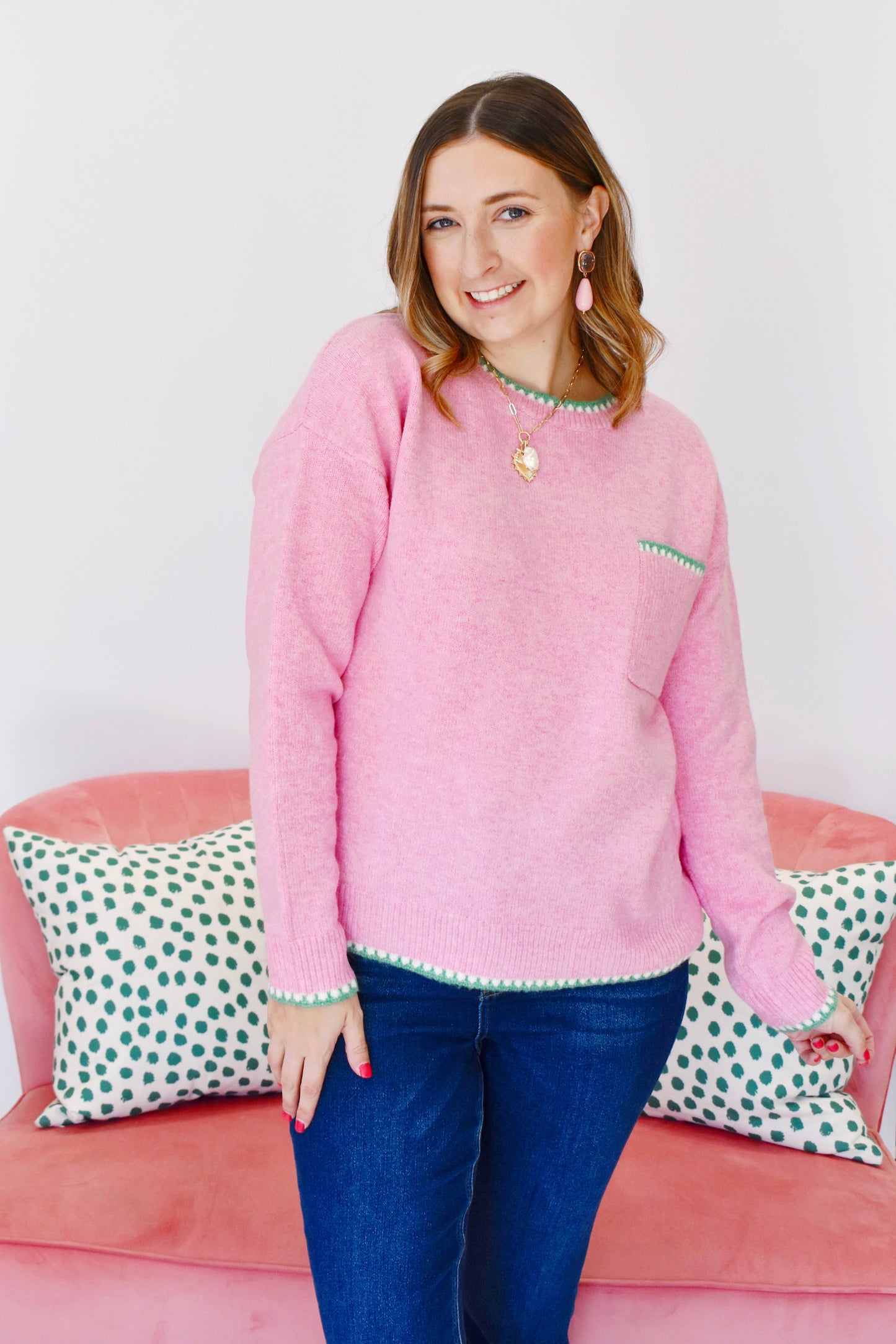 Pink Green Blanket Stitch Sweater