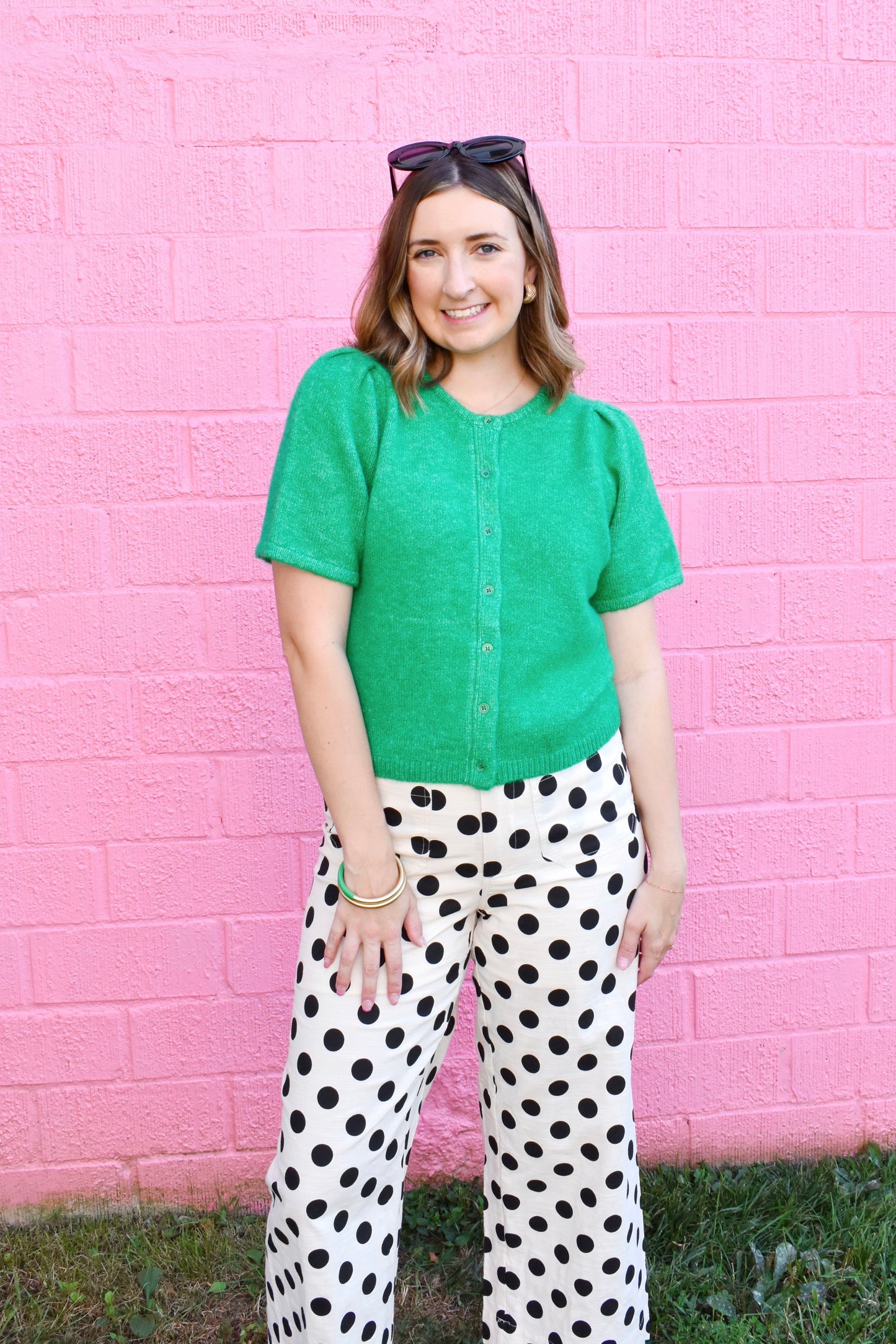 Kelly Green Button Down Short Sleeve Cardigan