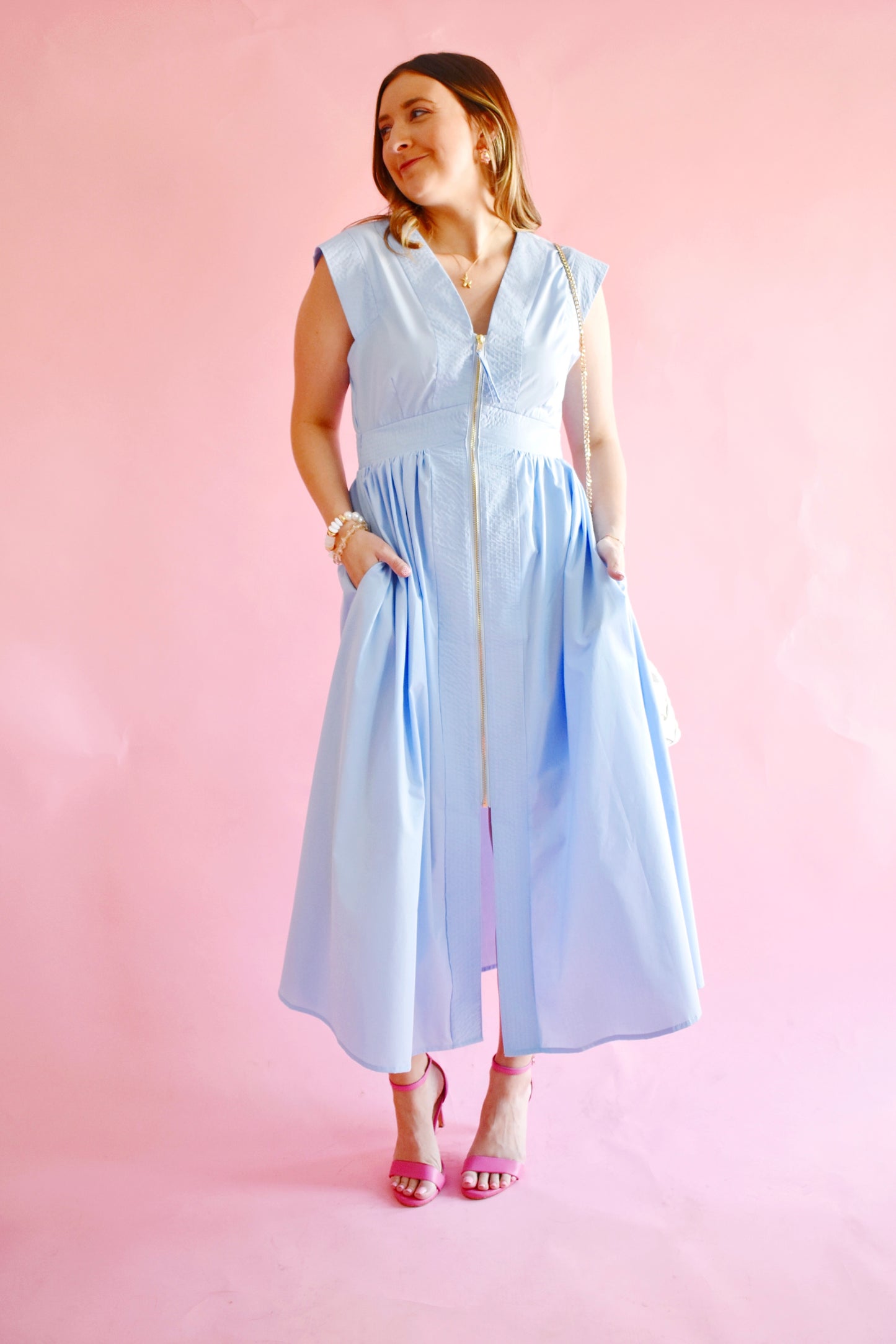 Baby Blue Zip Up Midi Dress