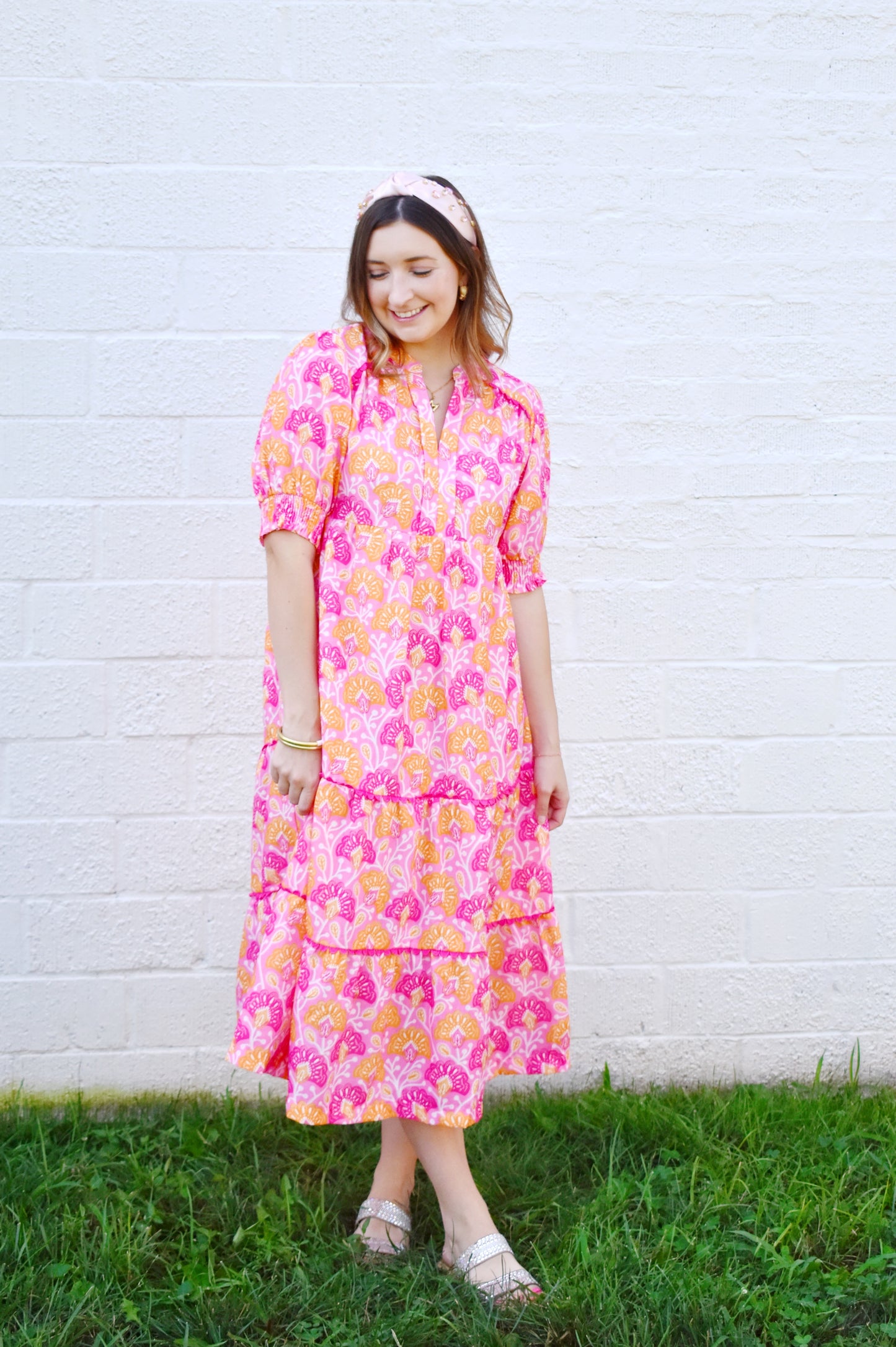 Pink & Orange Floral Pattern Tiered Midi Dress