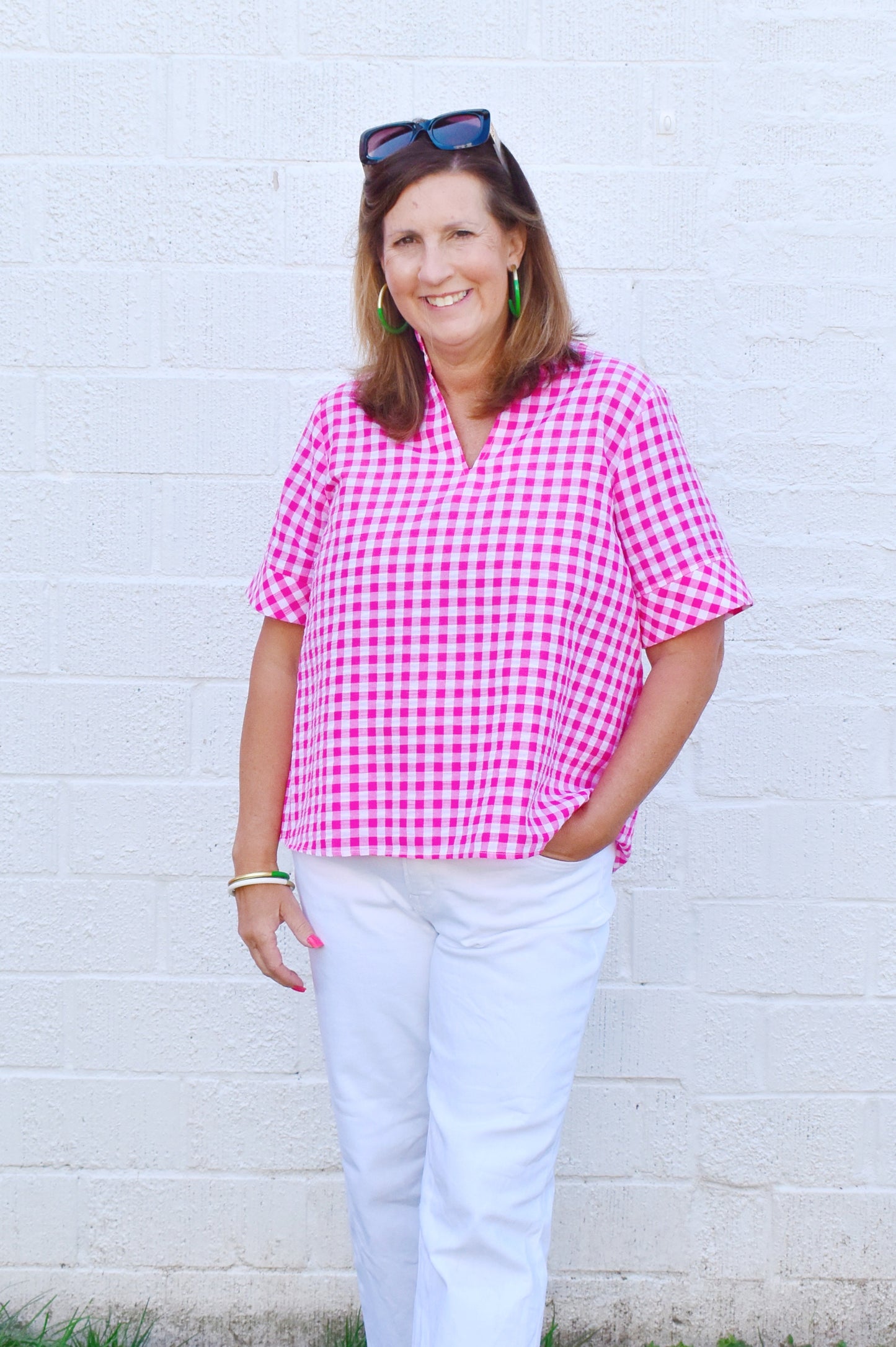 Hot Pink Gingham Frill Neck Blouse