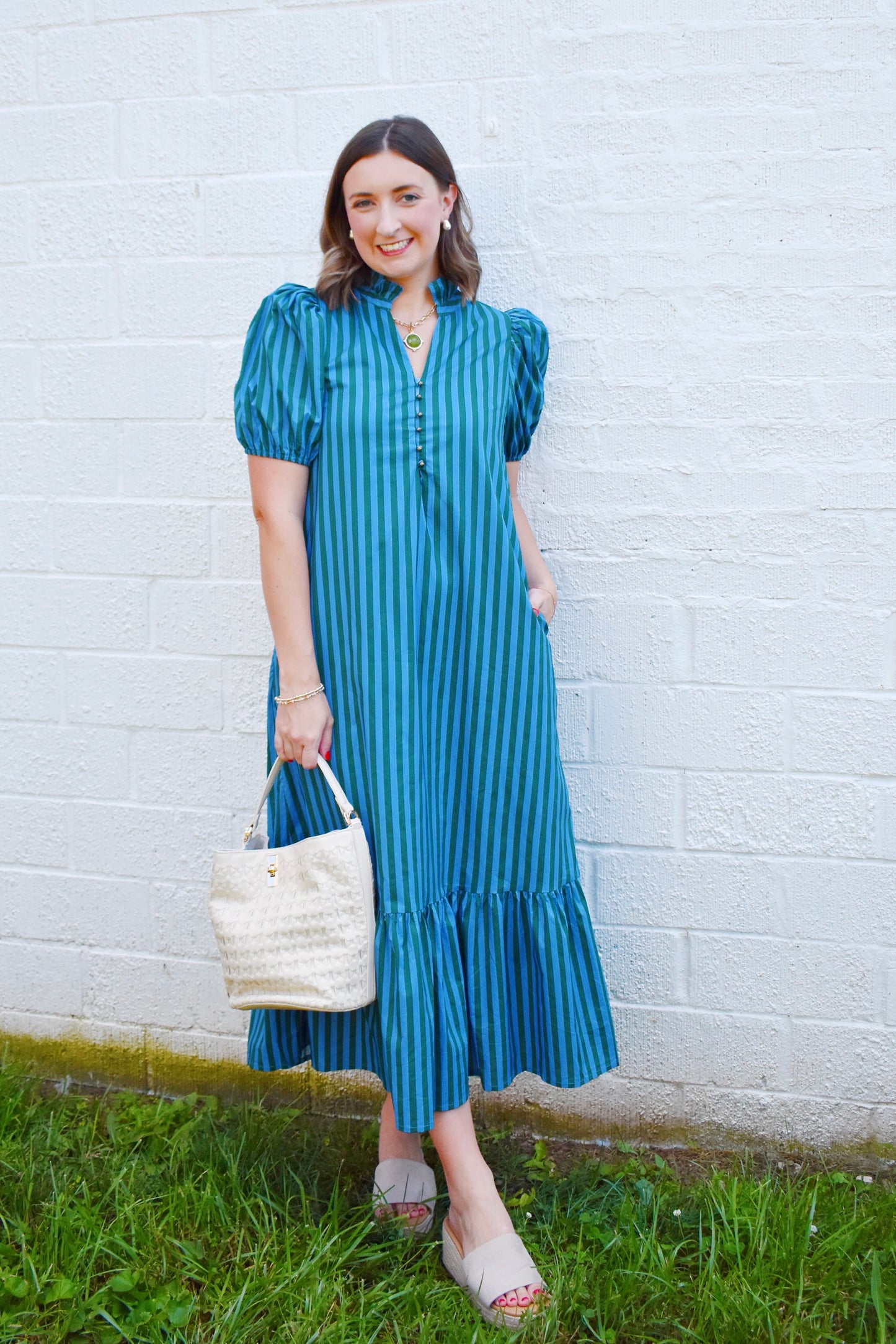 Hunter & Light Blue Stripe Ruffle Hem Midi Dress