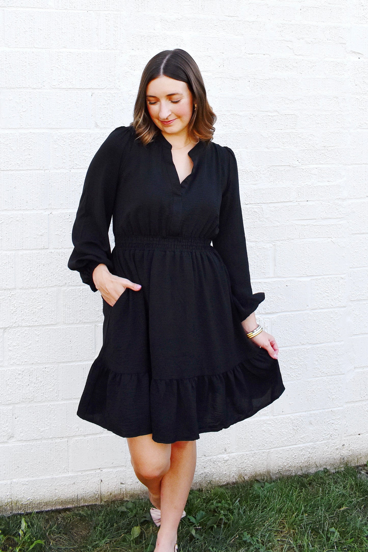 Black Smocked Waist Long Sleeve Dress