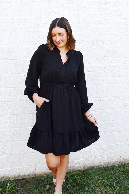 Black Smocked Waist Long Sleeve Dress