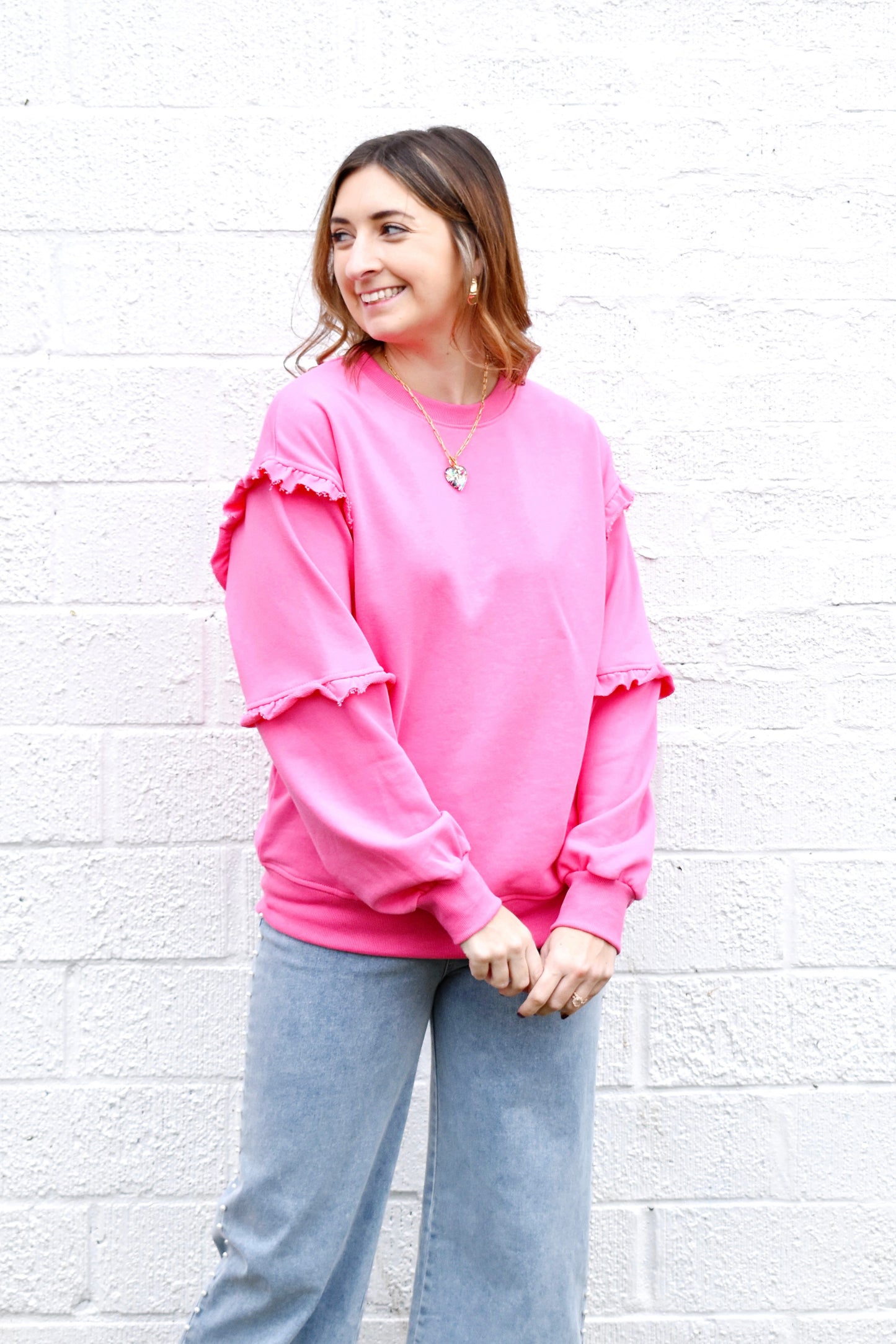 Hot Pink Ruffle Detail Crewneck Sweatshirt Top