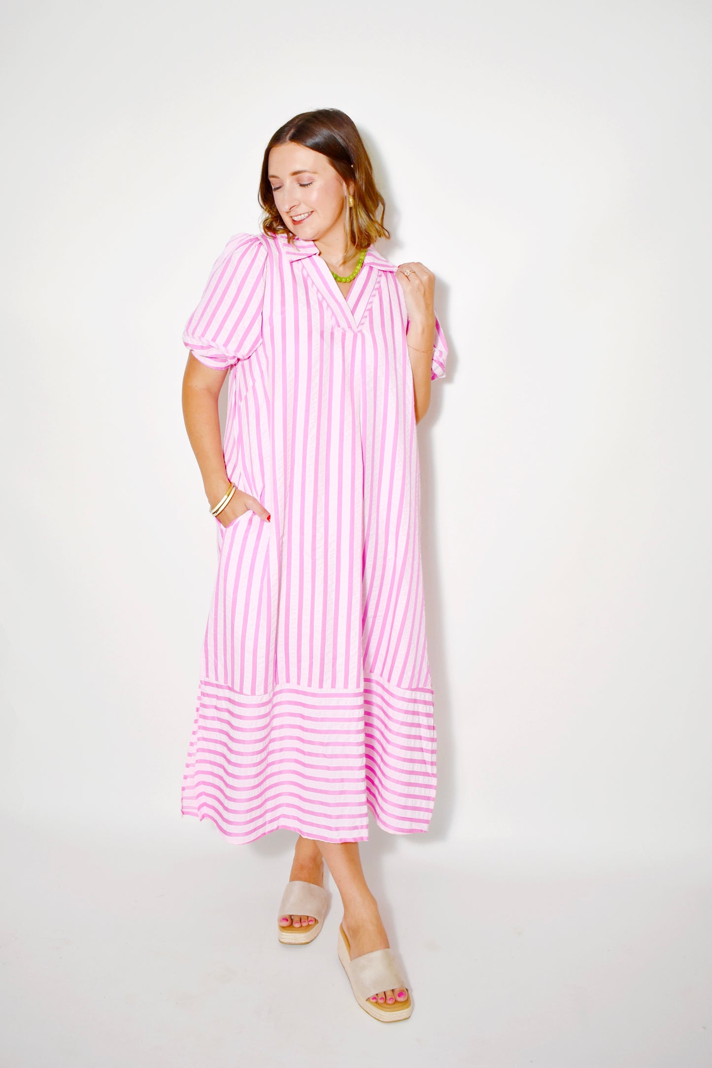 Peony Pink Striped Collared Midi Dress