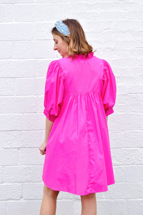 Pink Poplin Frill Neck Dress