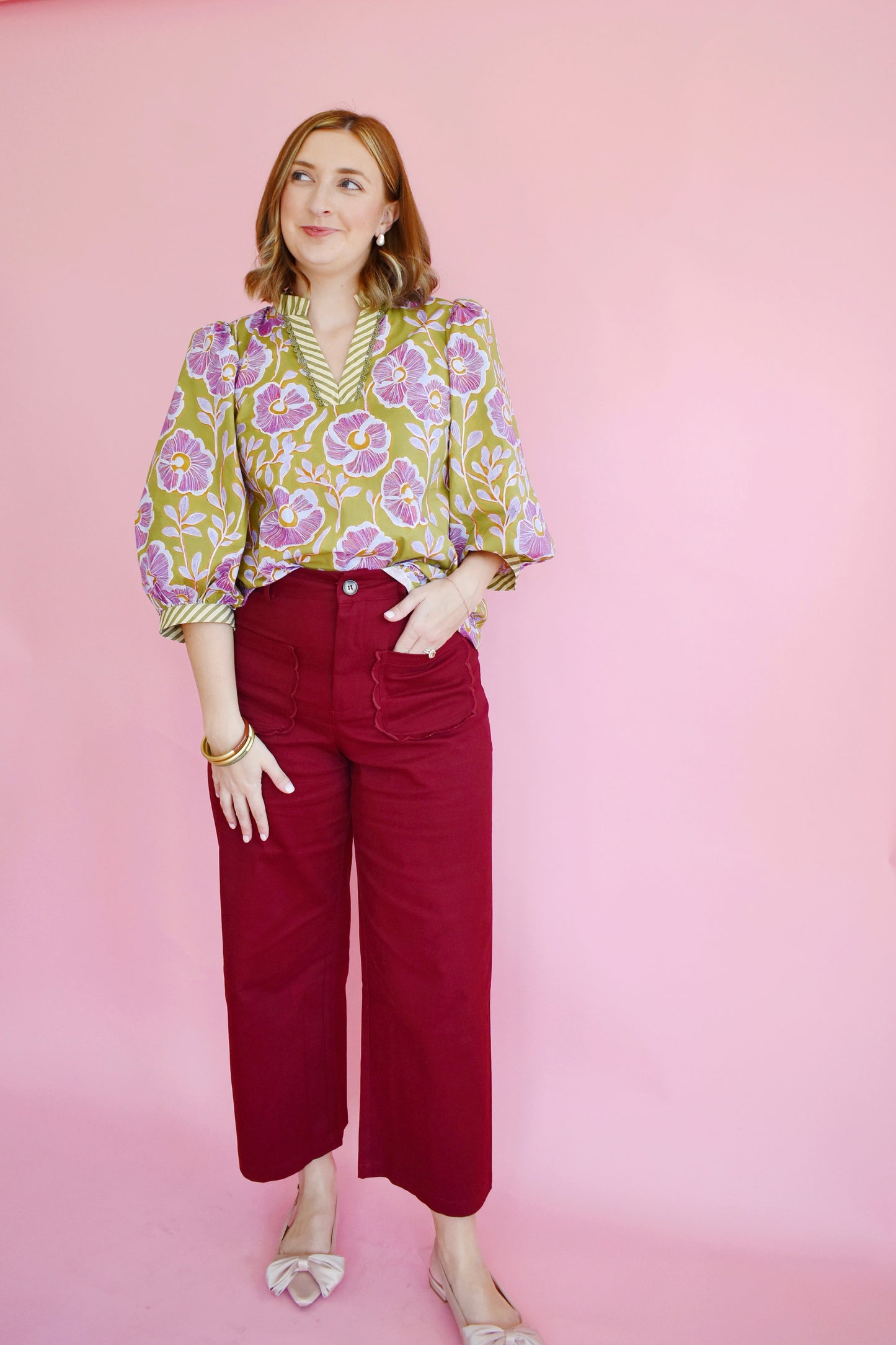 Olive Green & Lilac Floral Scallop Collar Blouse