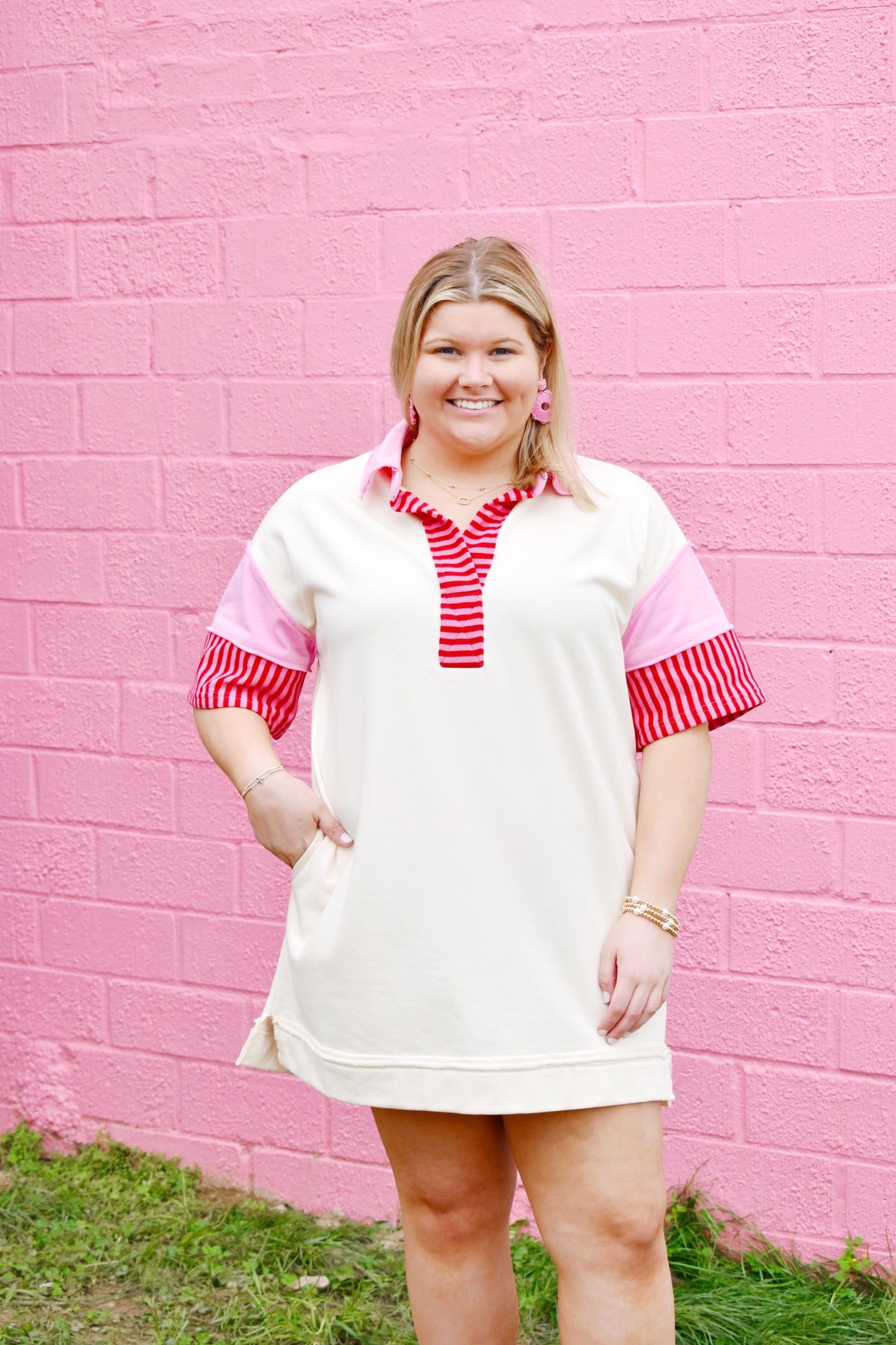 Collared Pink & Red Striped Detail Dress