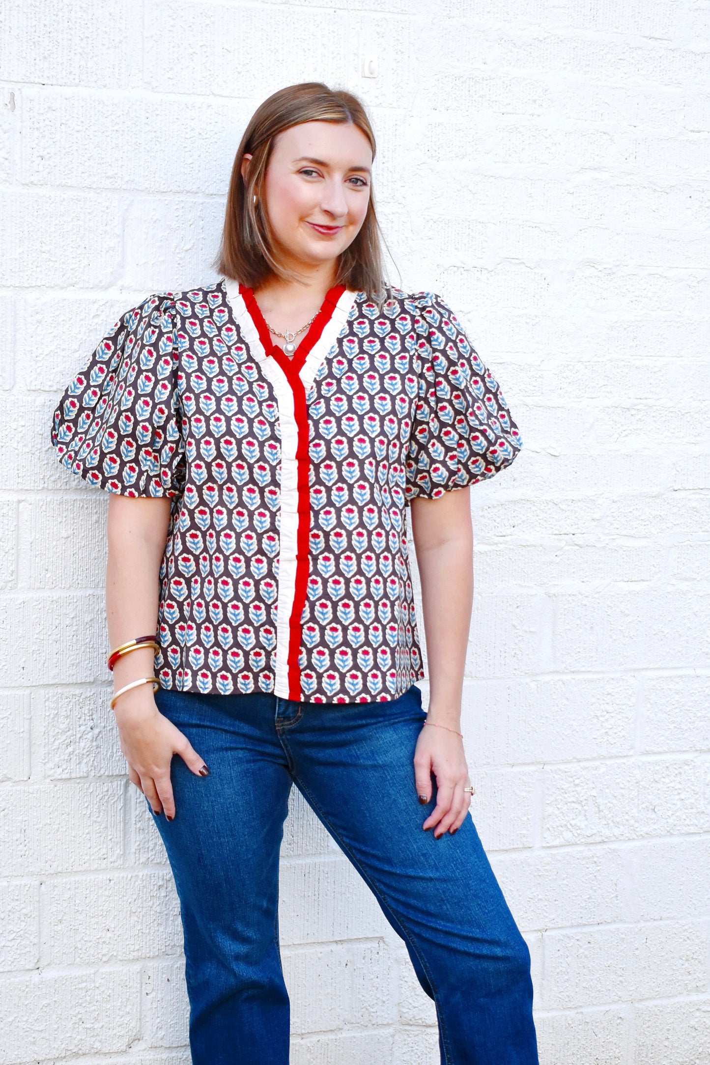 Brown Red & Blue Block Print Ruffle Blouse