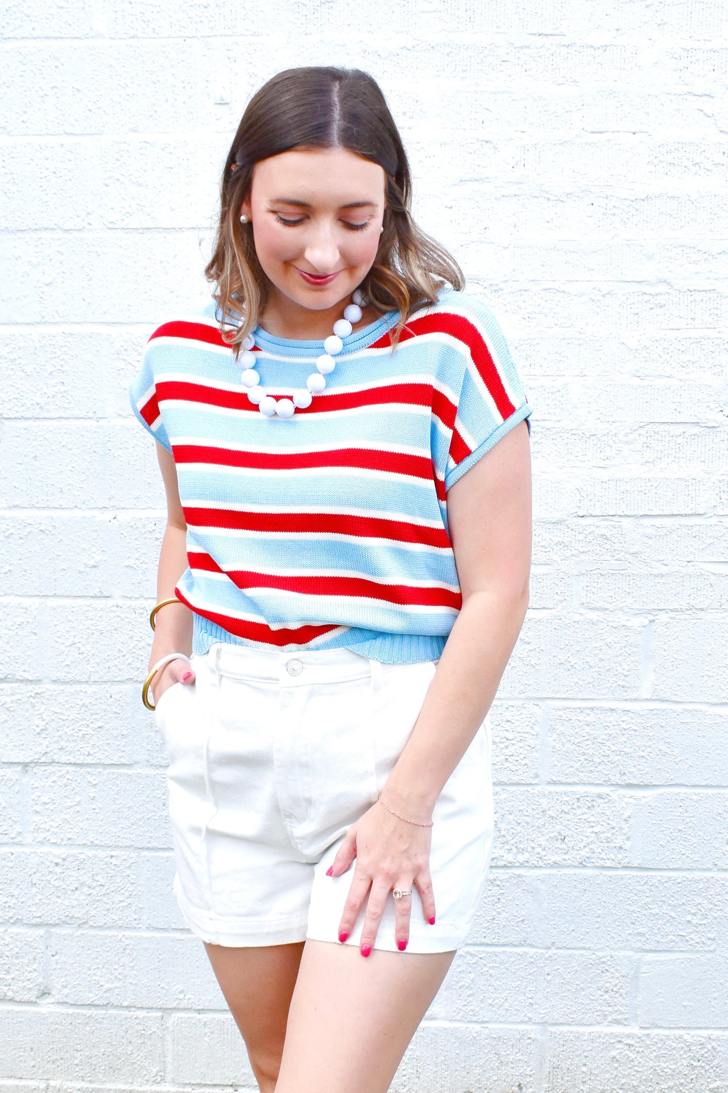 Baby Blue Red Stripe Knit Top