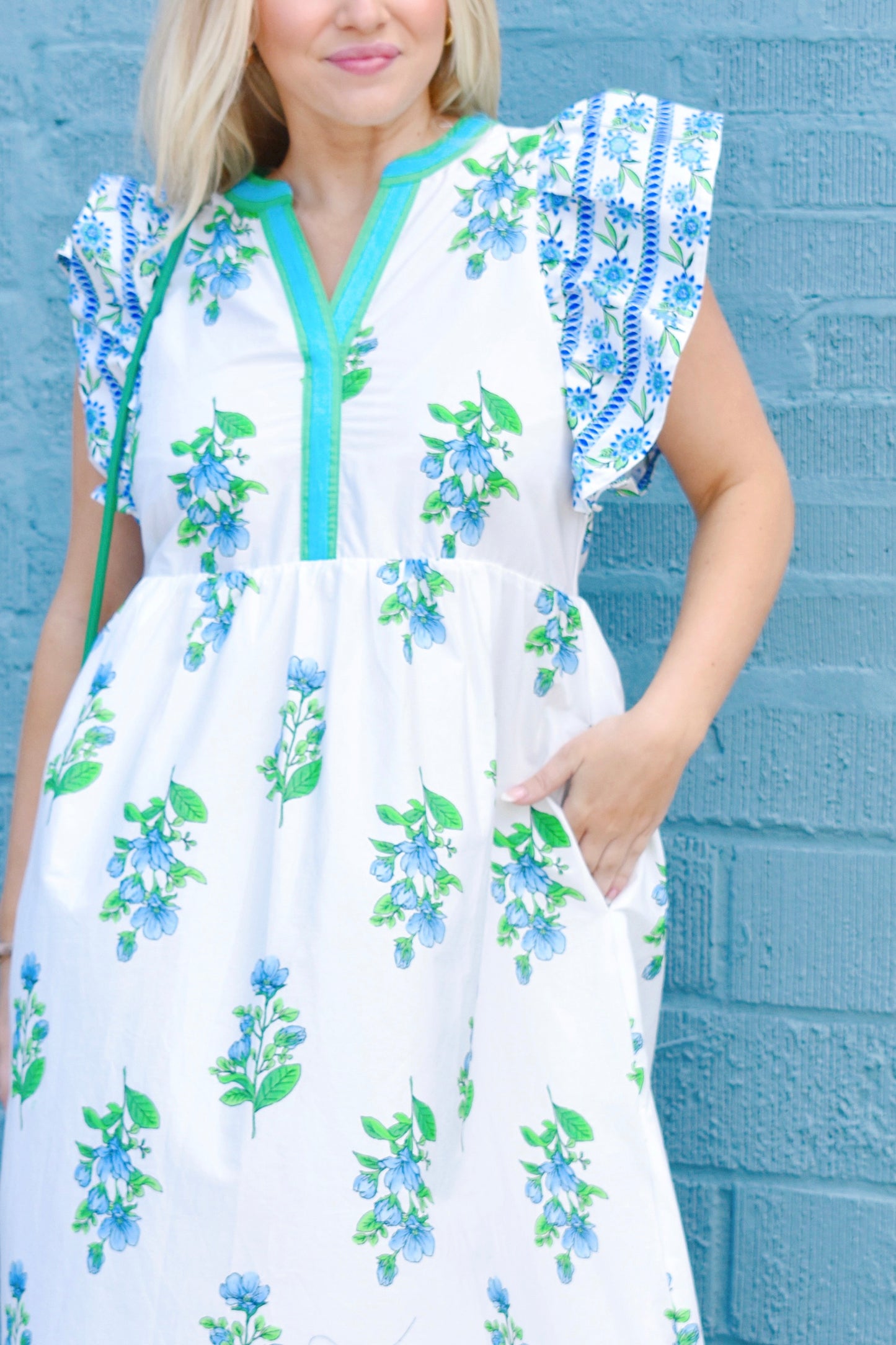 Preppy White Poplin Blue & Green Floral Midi Dress Confetti Boutique Preppy White Poplin Blue & Green Floral Midi Dress Confetti Boutique