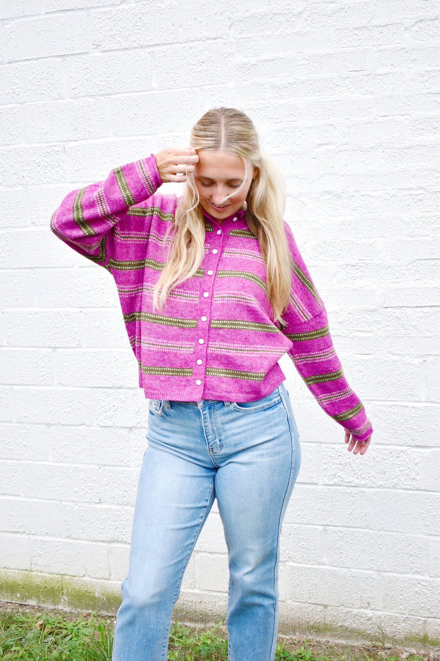 Magenta Olive Stripe Cardigan