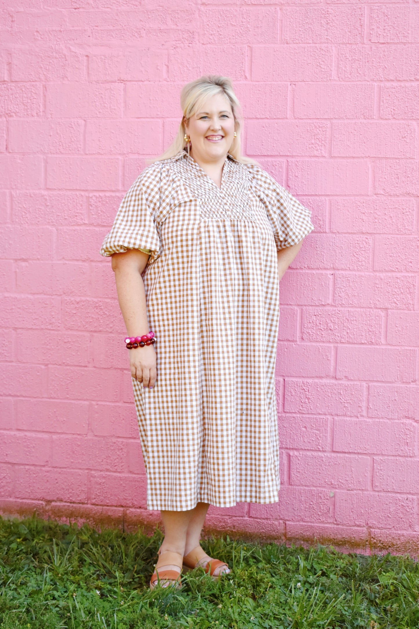 Plus Brown Gingham Smocked Front Collared Midi Dress