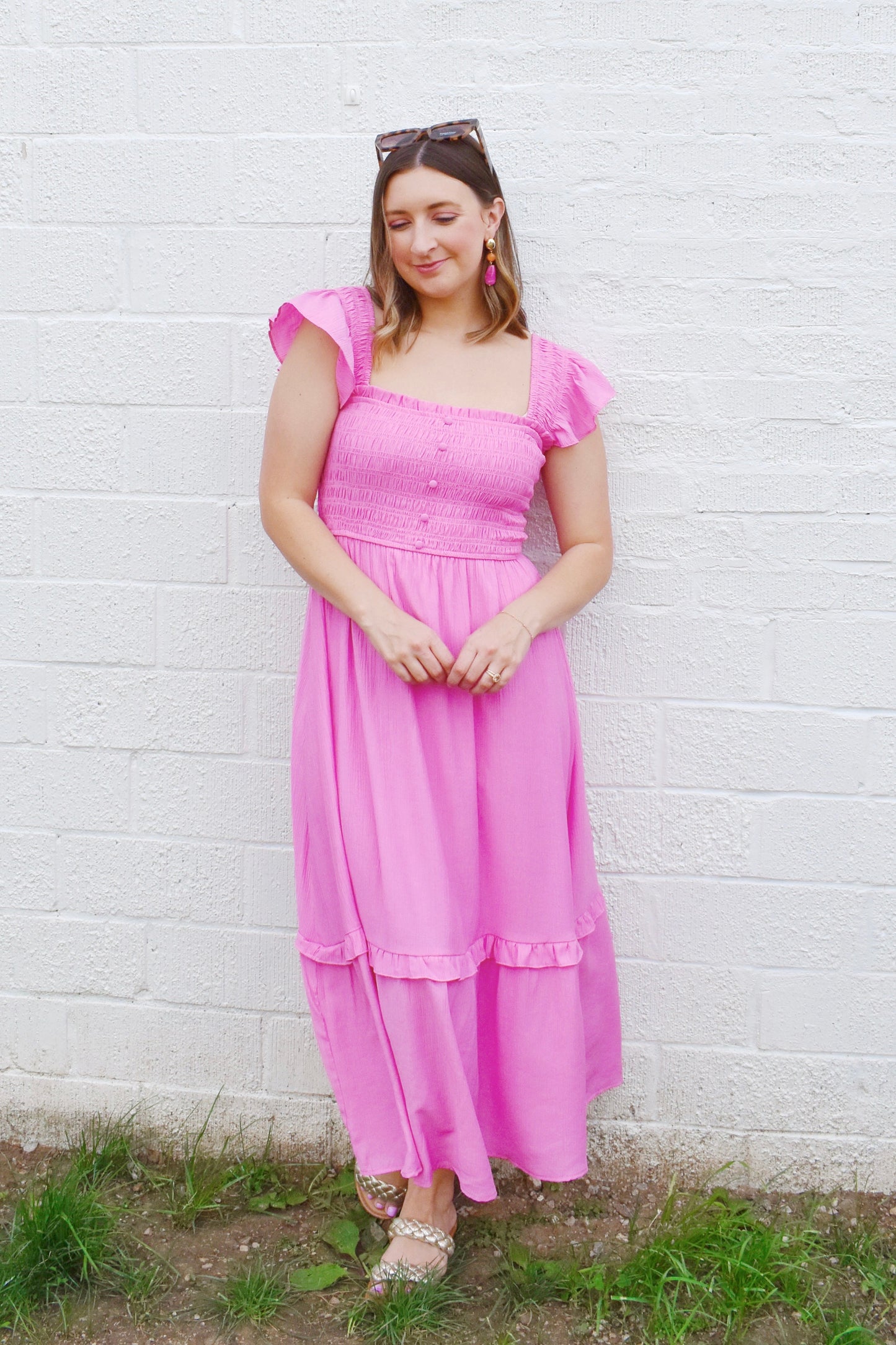 Bubblegum Smocked Button Detail Midi Dress