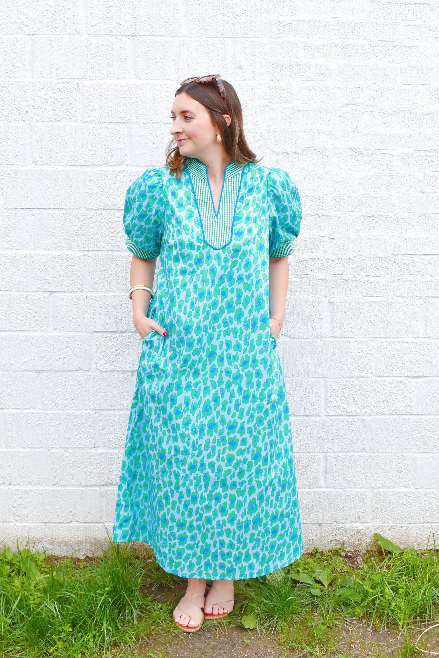 Green & Blue Leopard Spot Gingham Contrast Midi Dress