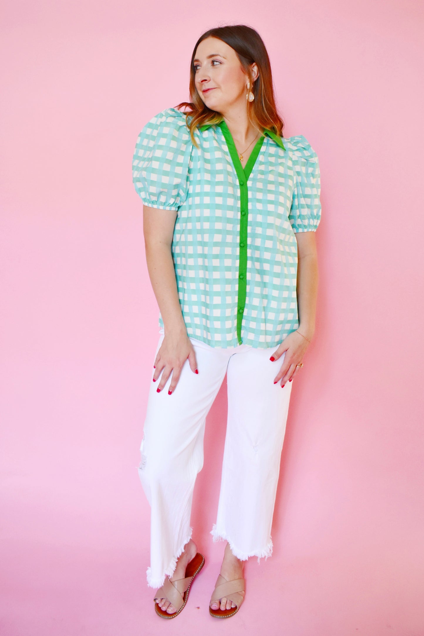Mint Plaid Green Contrast Collared Top