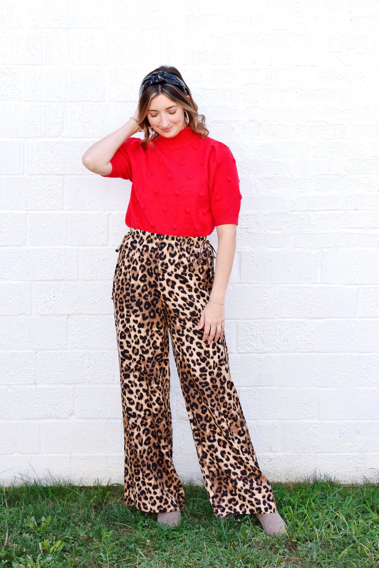 Leopard Print Tie Detail Wide Leg Pants