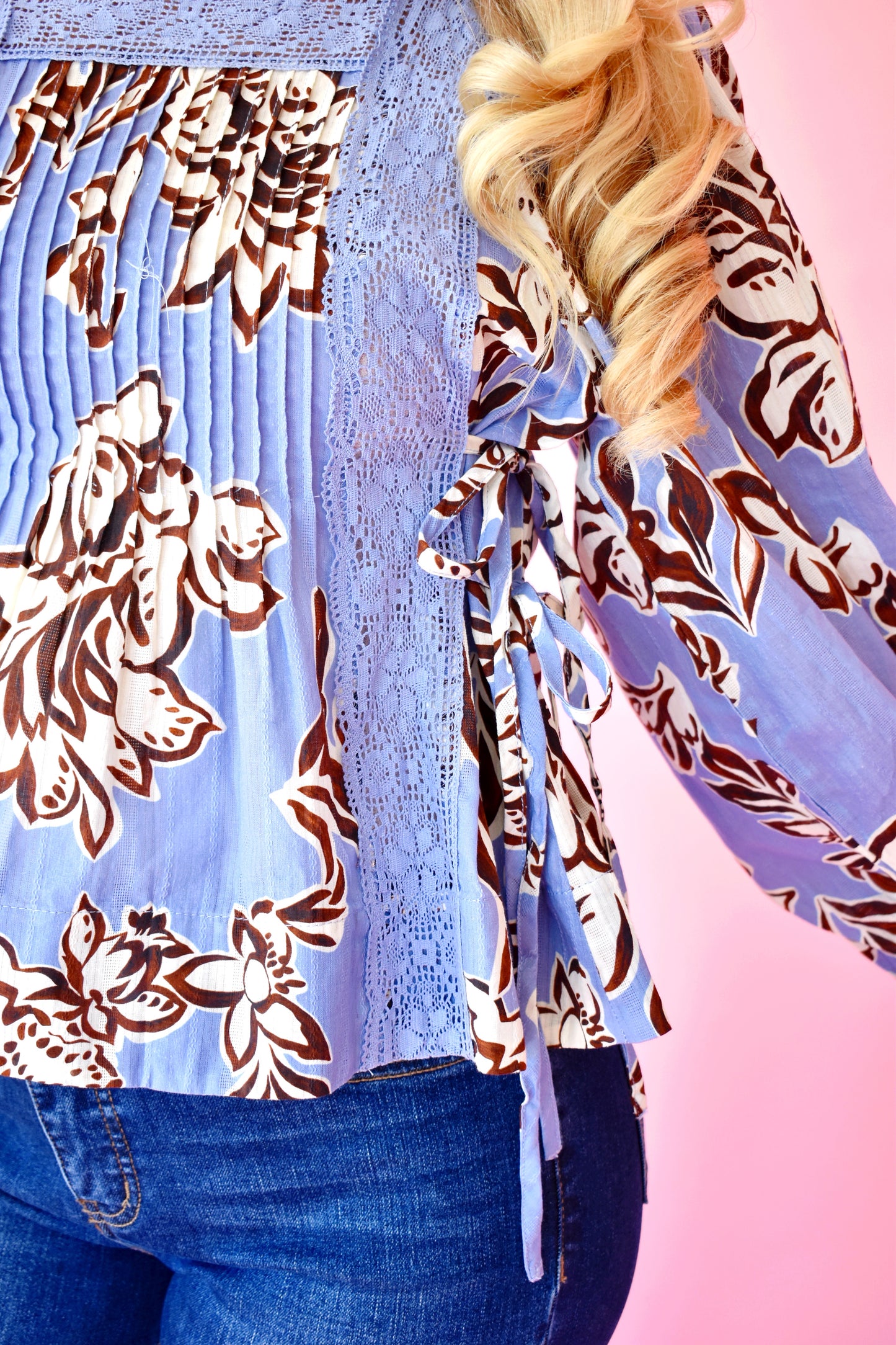 Blue & Brown Floral Lace Trim Babydoll Blouse