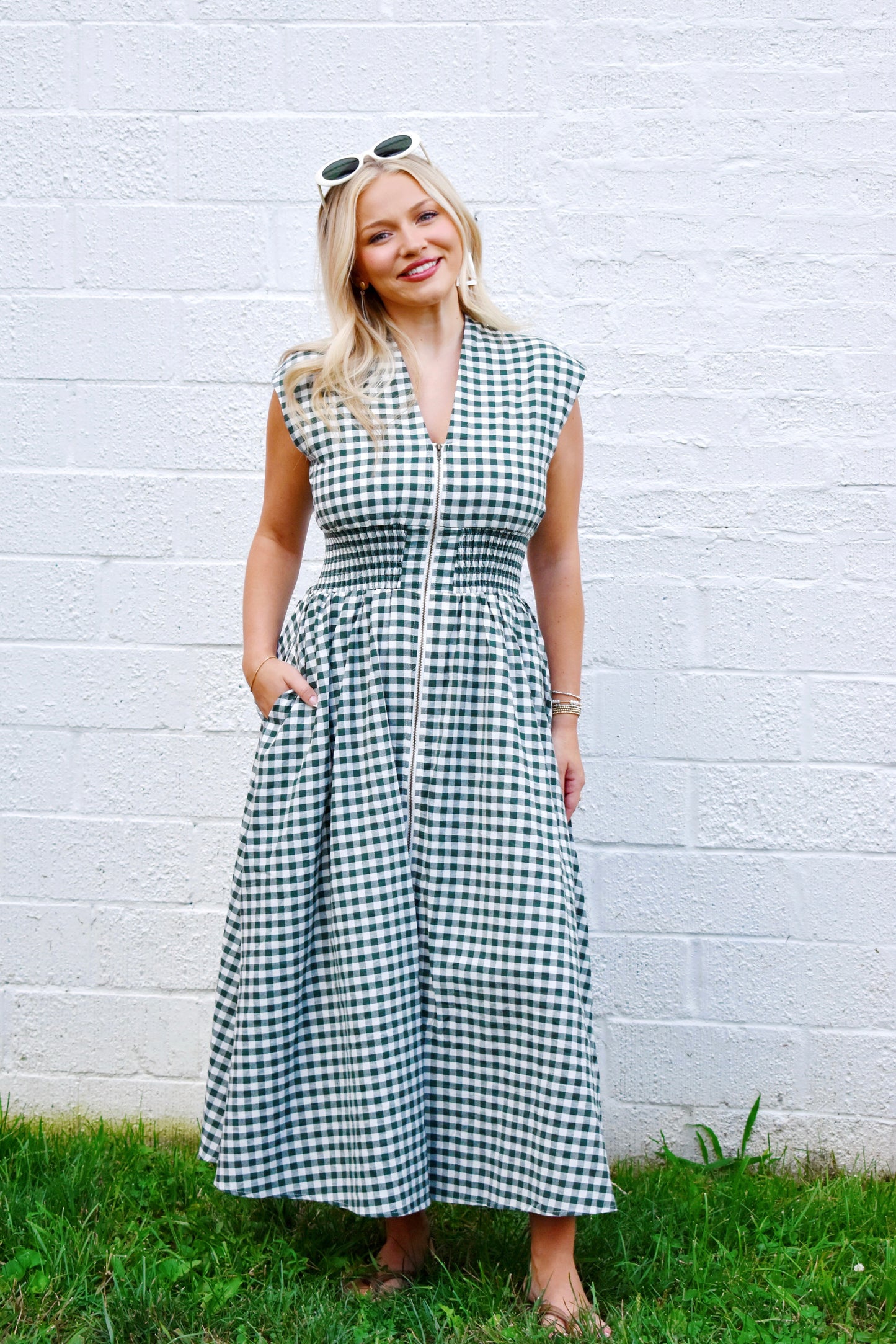 Forest Gingham Zipper Midi Dress