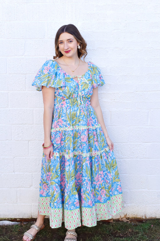 Blue Floral Mixed Print Sweetheart Maxi Dress