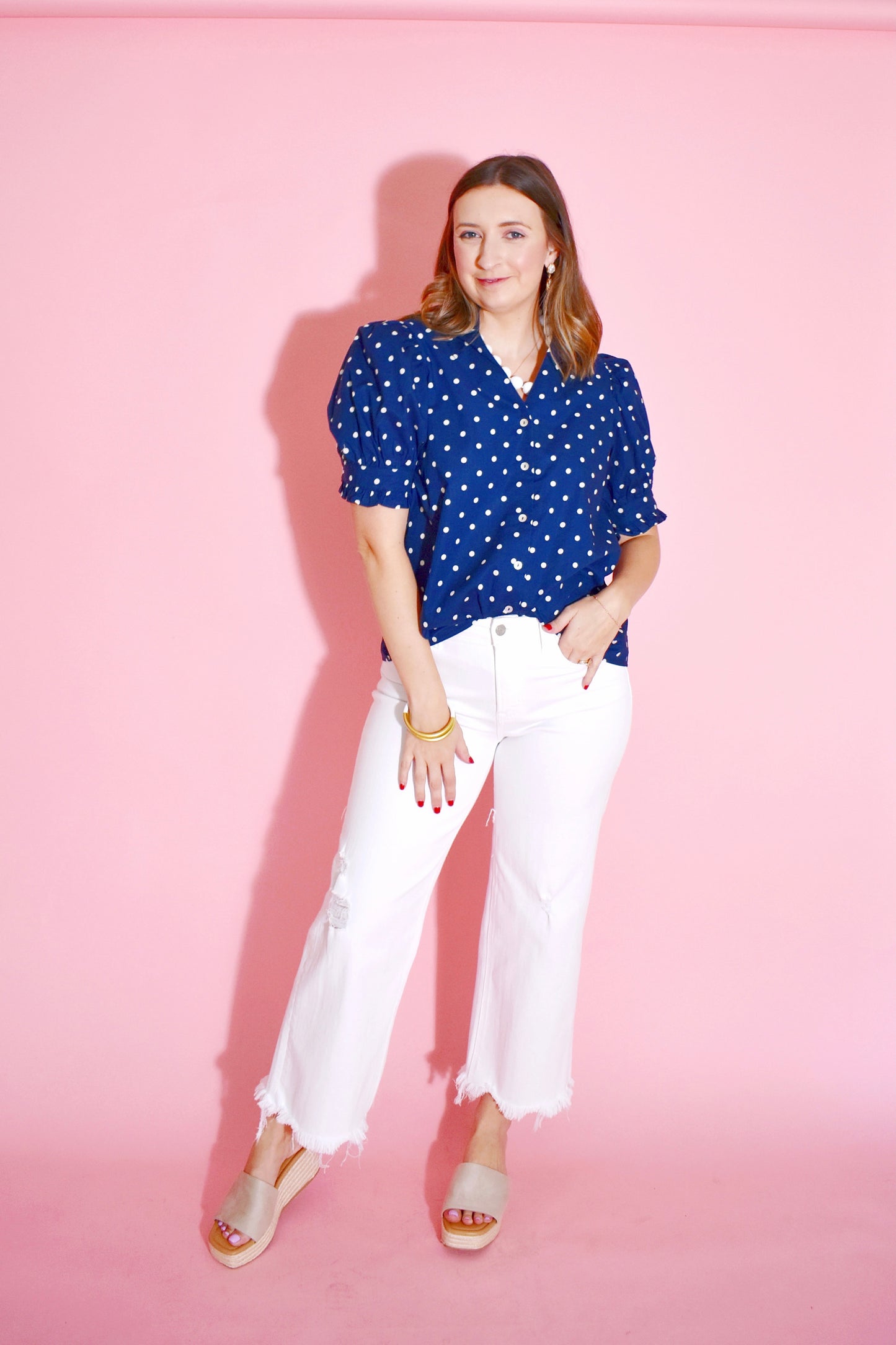 Navy Polka Dot Button Down Blouse