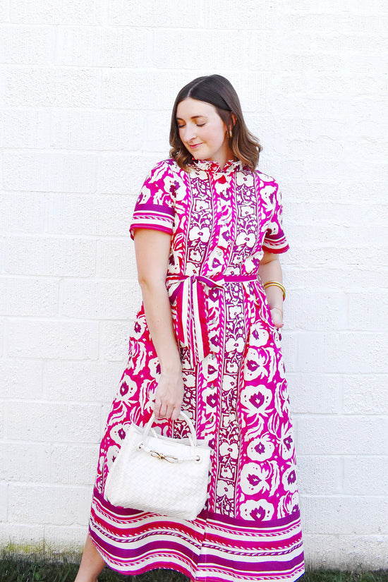 Magenta Floral Stripe Contrast Tie Waist Dress