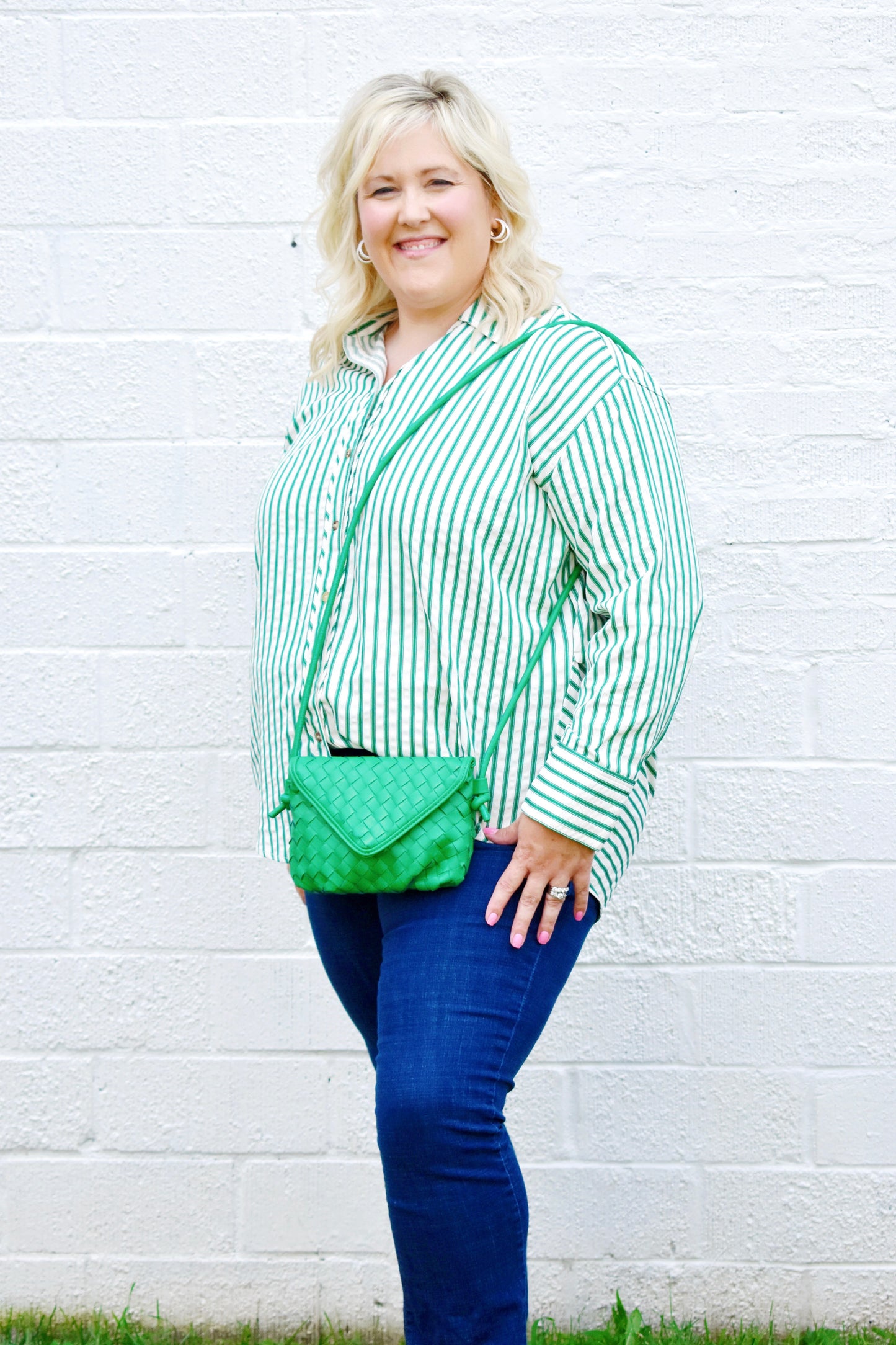Plus Green Stripe Button Down Top