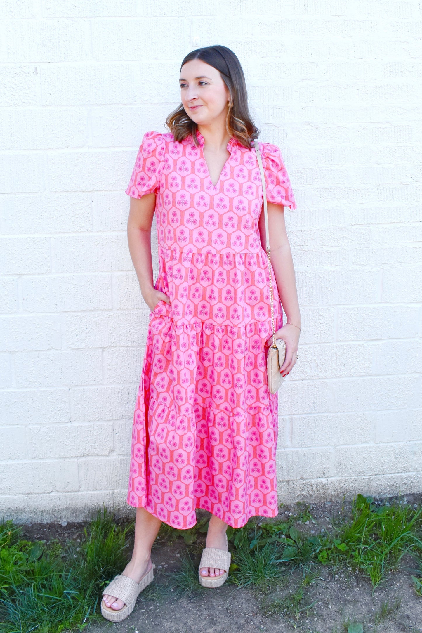 Mary Square Ivy Dress Rosette Charm Pink