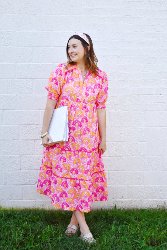 Pink & Orange Floral Pattern Tiered Midi Dress