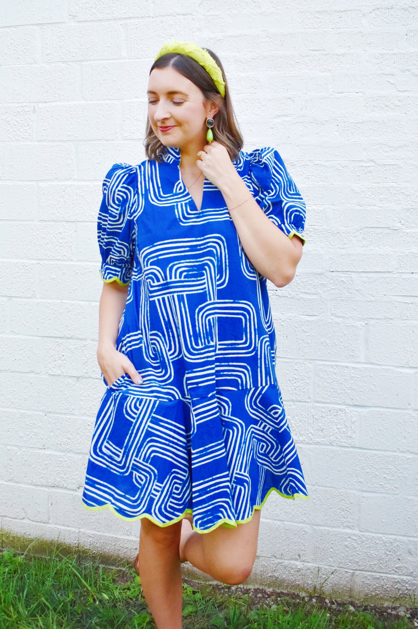 Navy Geometric Lime Scallop Dress