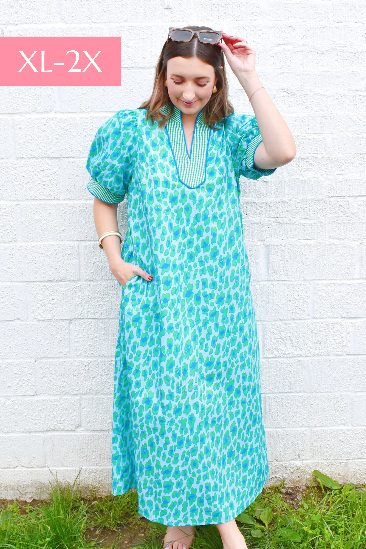 Plus Green & Blue Leopard Spot Gingham Contrast Midi Dress