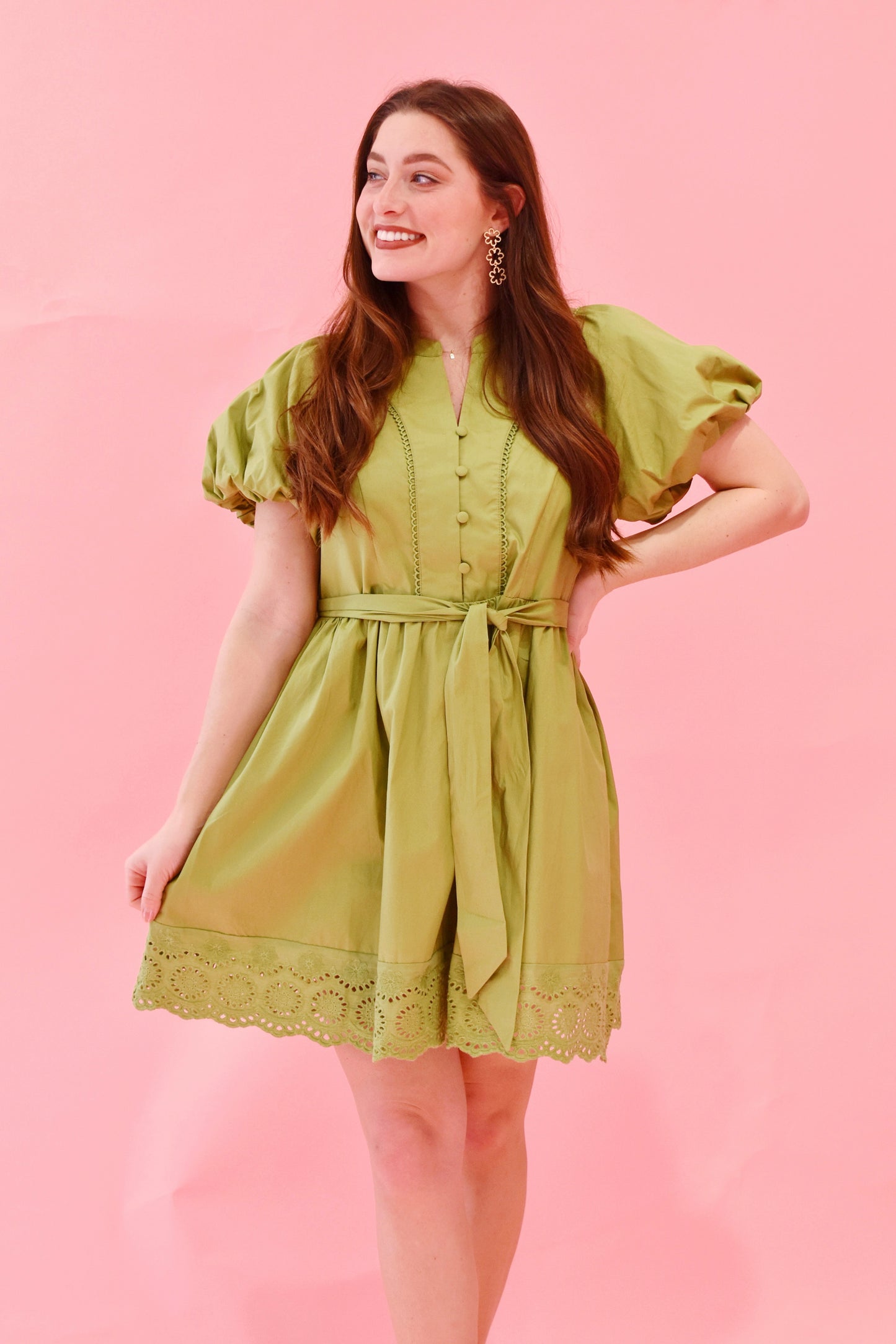 Avocado Eyelet Puff Sleeve Dress