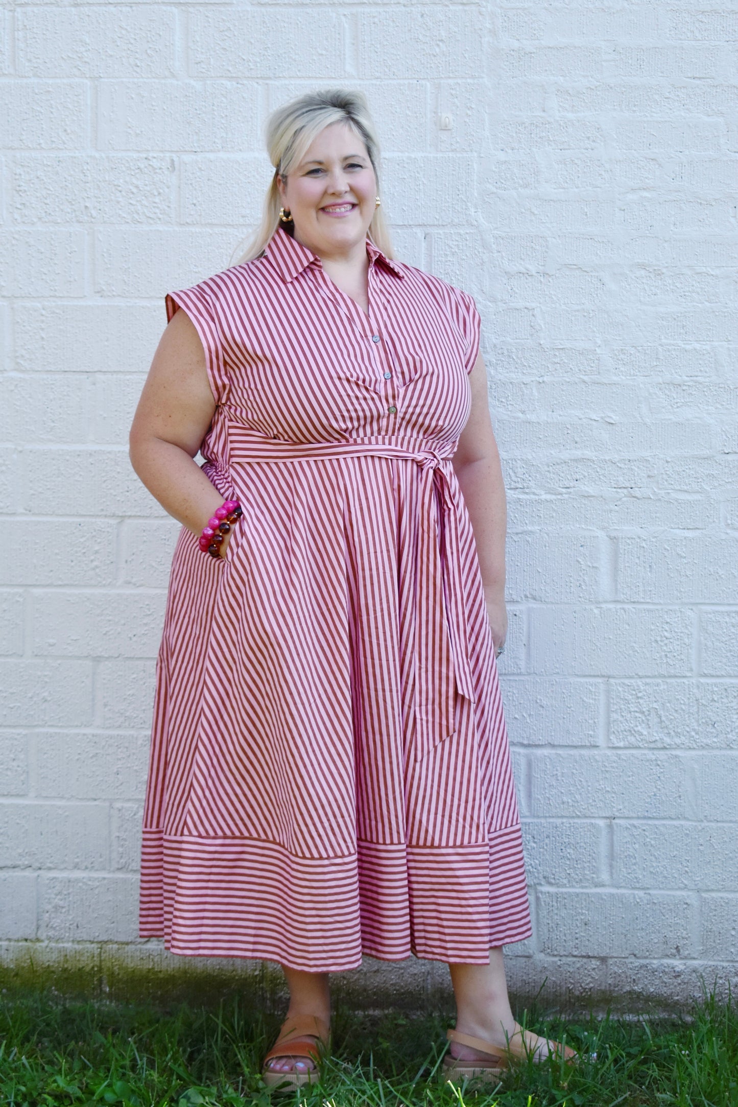 Plus Pink & Camel Striped Collared Tie Waist Dress