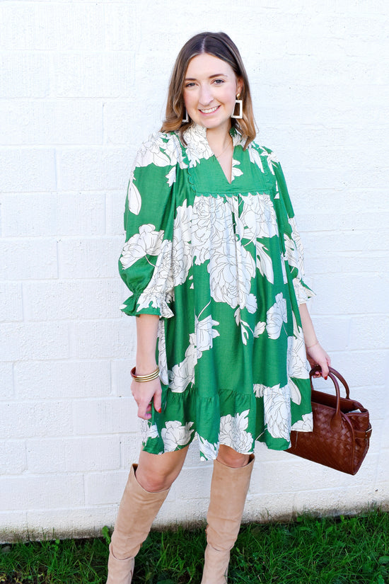 Green Floral Babydoll Mini Dress
