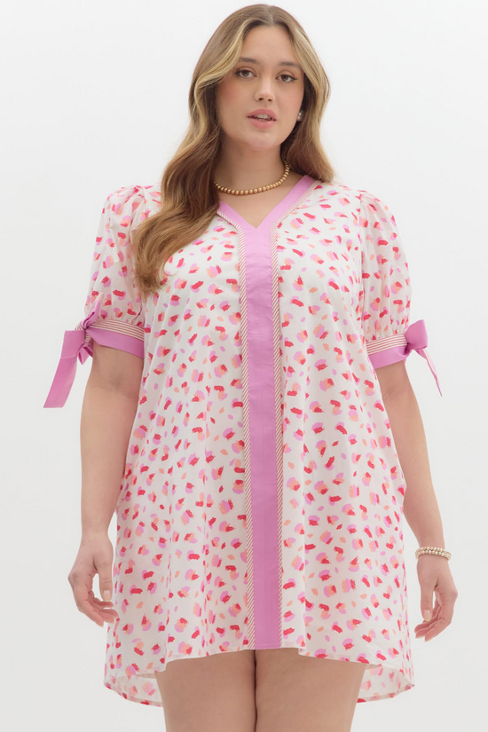 Plus Pink Spotted Contrast Trim Bow Sleeve Dress