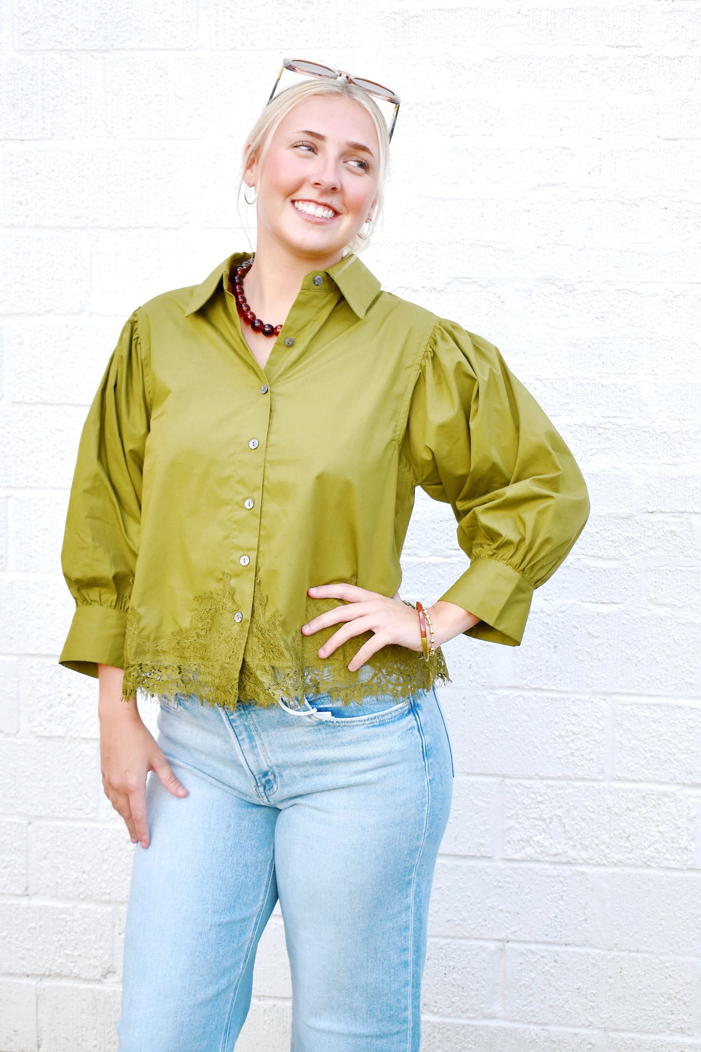 Martini Olive Lace Trim Button Down
