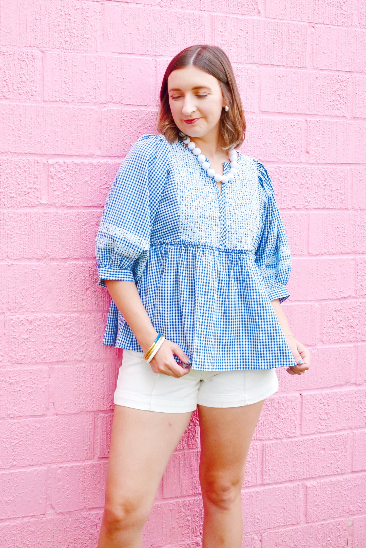 Royal Gingham Embroidered Babydoll Top