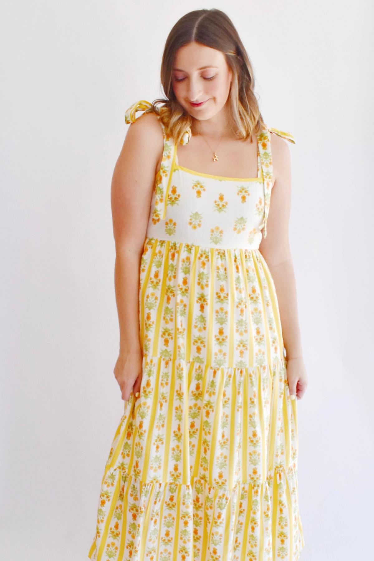 Sunshine Yellow Floral & Stripe Midi Dress