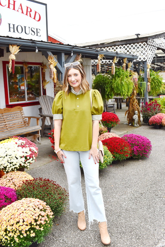 Olive Striped Contrast Ruffle Neck Top